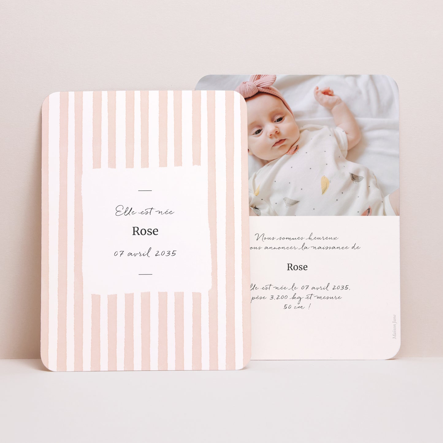 Faire-part Naissance Portrait, bords arrondis Rayures roses claires photo N° 1