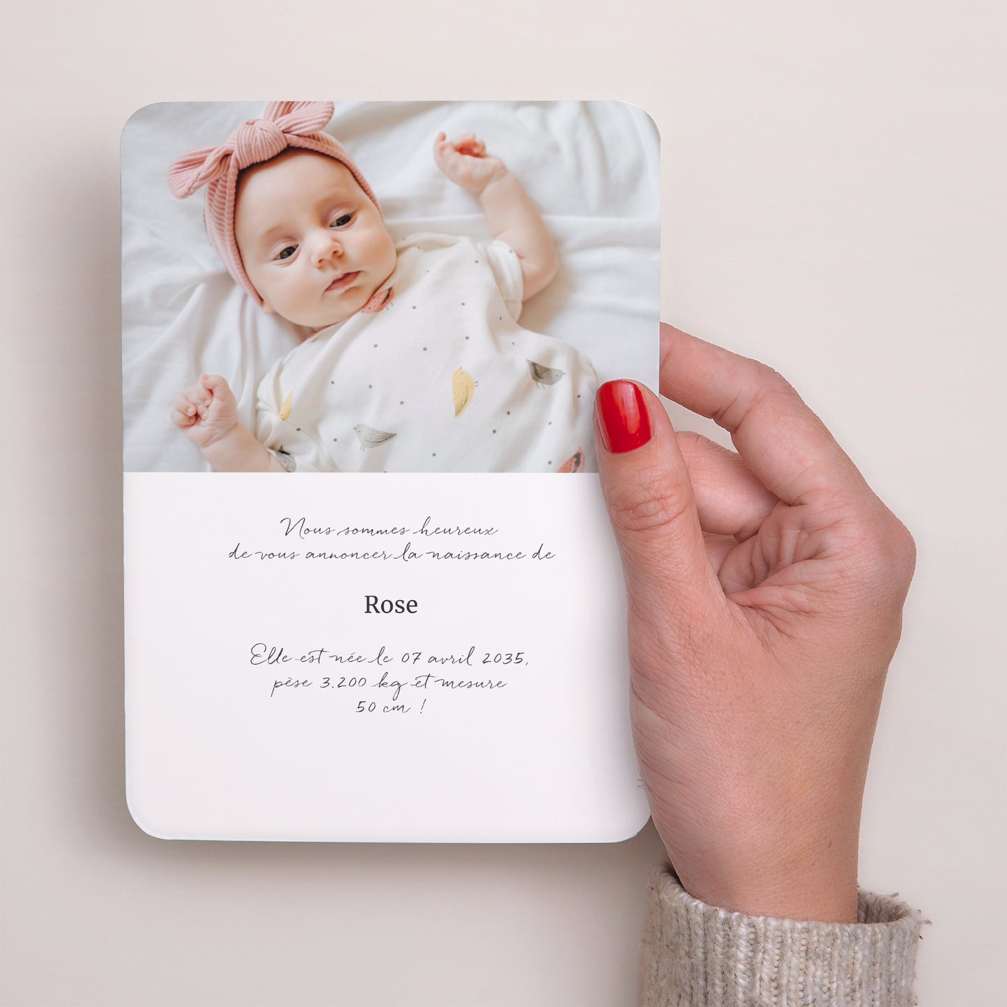 Faire-part Naissance Portrait, bords arrondis Rayures roses claires photo N° 3