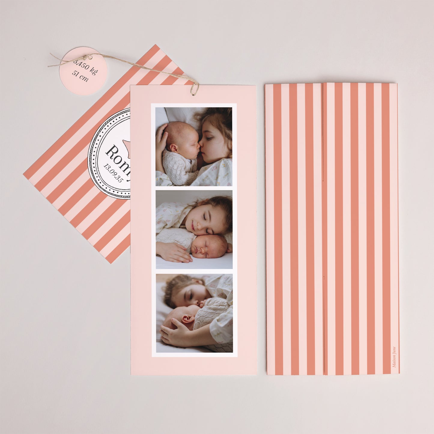 Faire-part Naissance Pochette portrait 2 cartes, étiquette Rayures de douceur photo N° 4