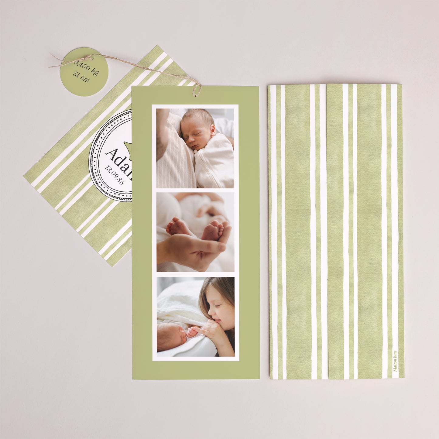 Faire-part Naissance Pochette portrait 2 cartes, étiquette Rayures d'amour photo N° 4