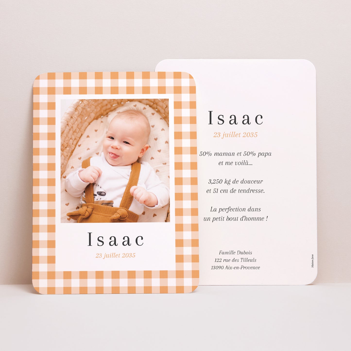 Faire-part Naissance Portrait, bords arrondis Petit Vichy photo N° 1