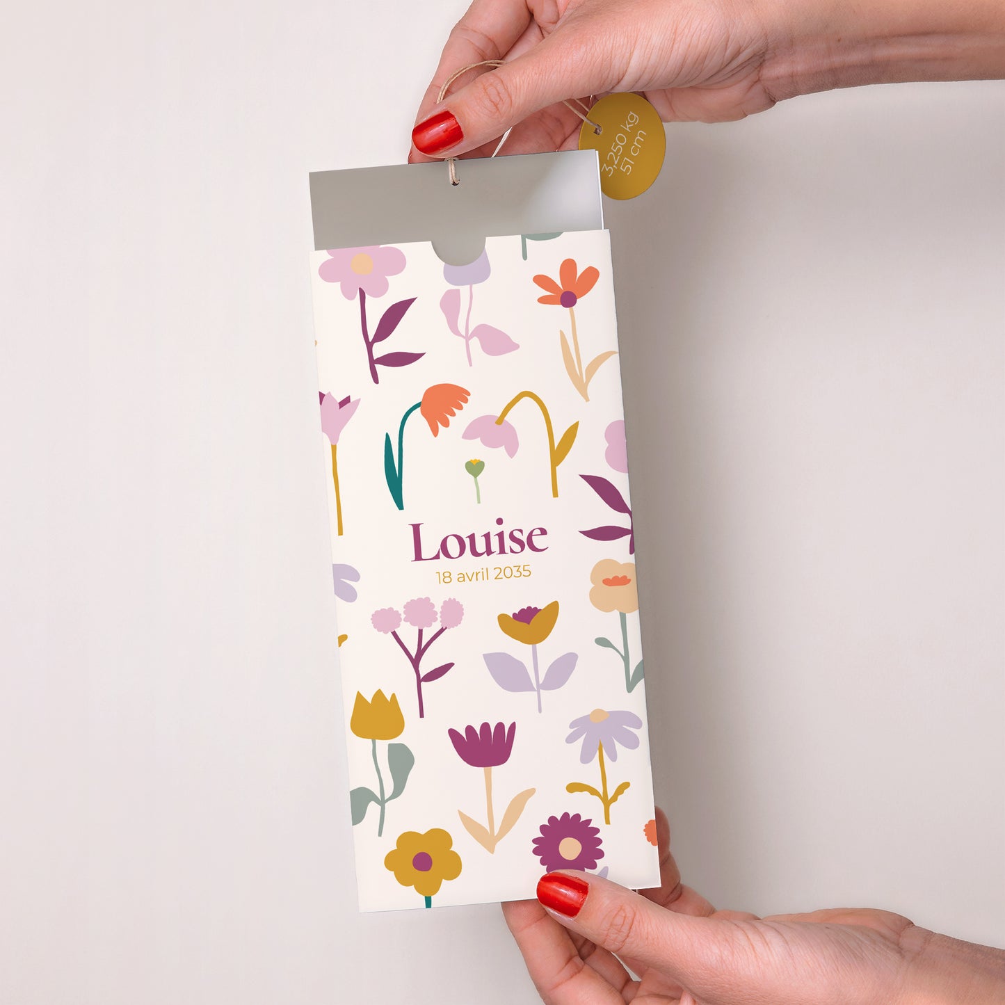 Faire-part Naissance Pochette portrait 2 cartes, étiquette Cœur en fleur photo N° 2