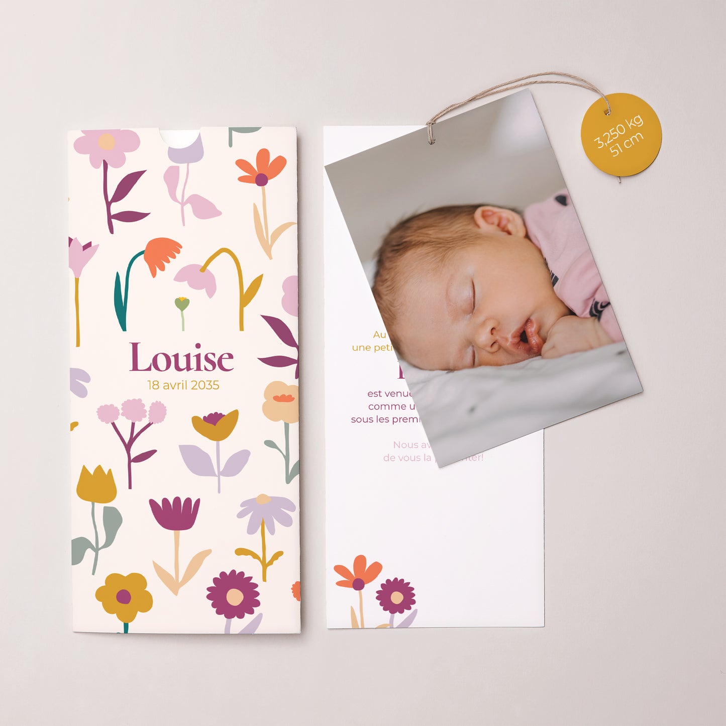 Faire-part Naissance Pochette portrait 2 cartes, étiquette Cœur en fleur photo N° 3