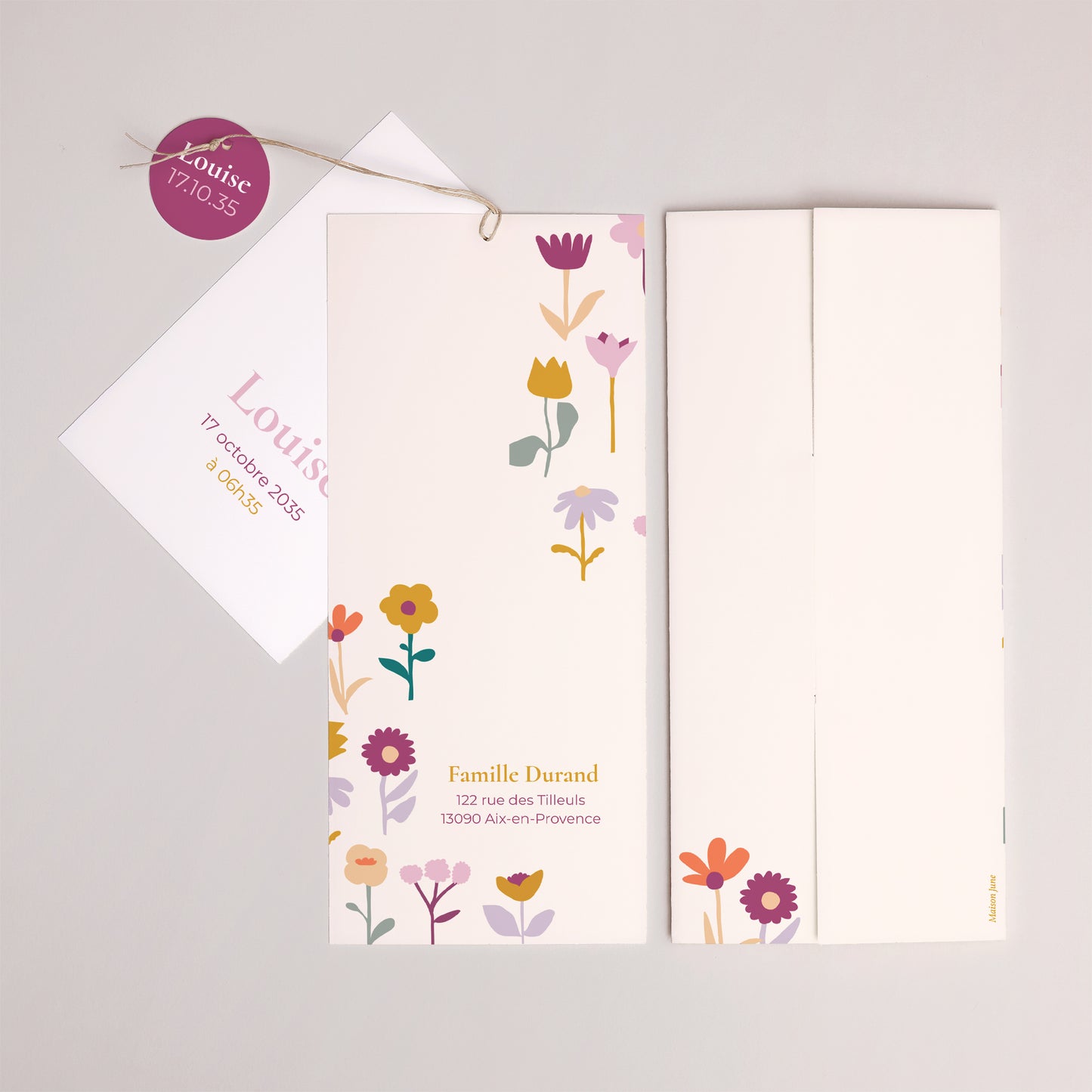 Faire-part Naissance Pochette portrait 2 cartes, étiquette Cœur en fleur photo N° 4