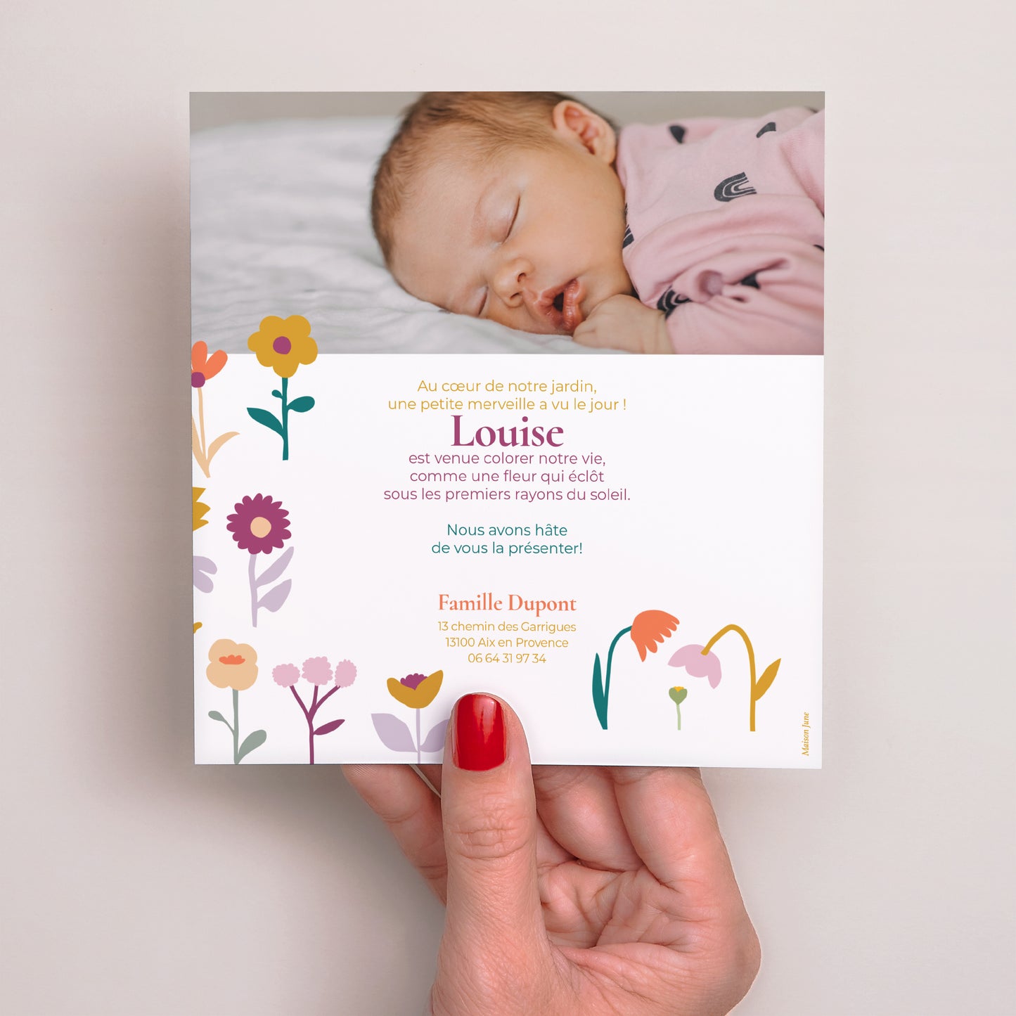 Faire-part Naissance Carré Cœur en fleur photo N° 3