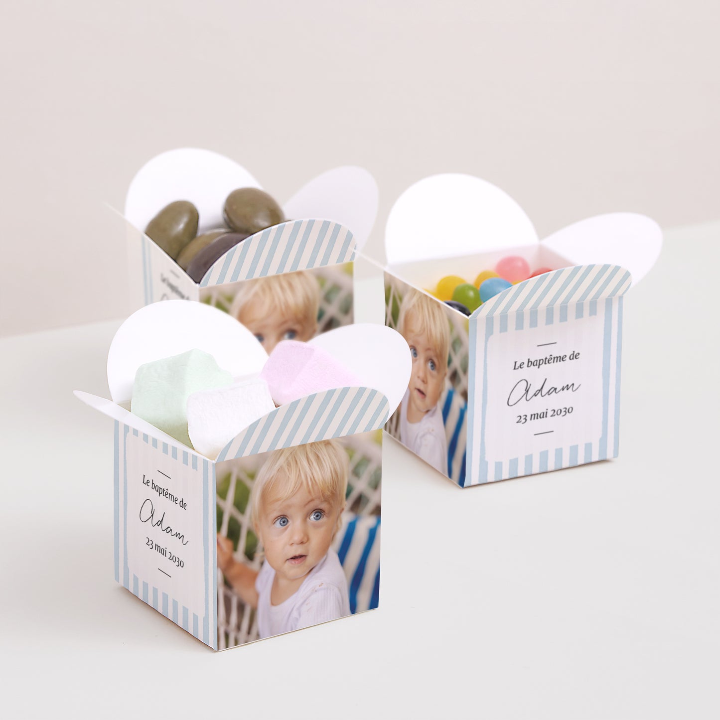 Boîte à dragées Baptême Ouverture papillon Rayures bleu ciel II photo N° 3