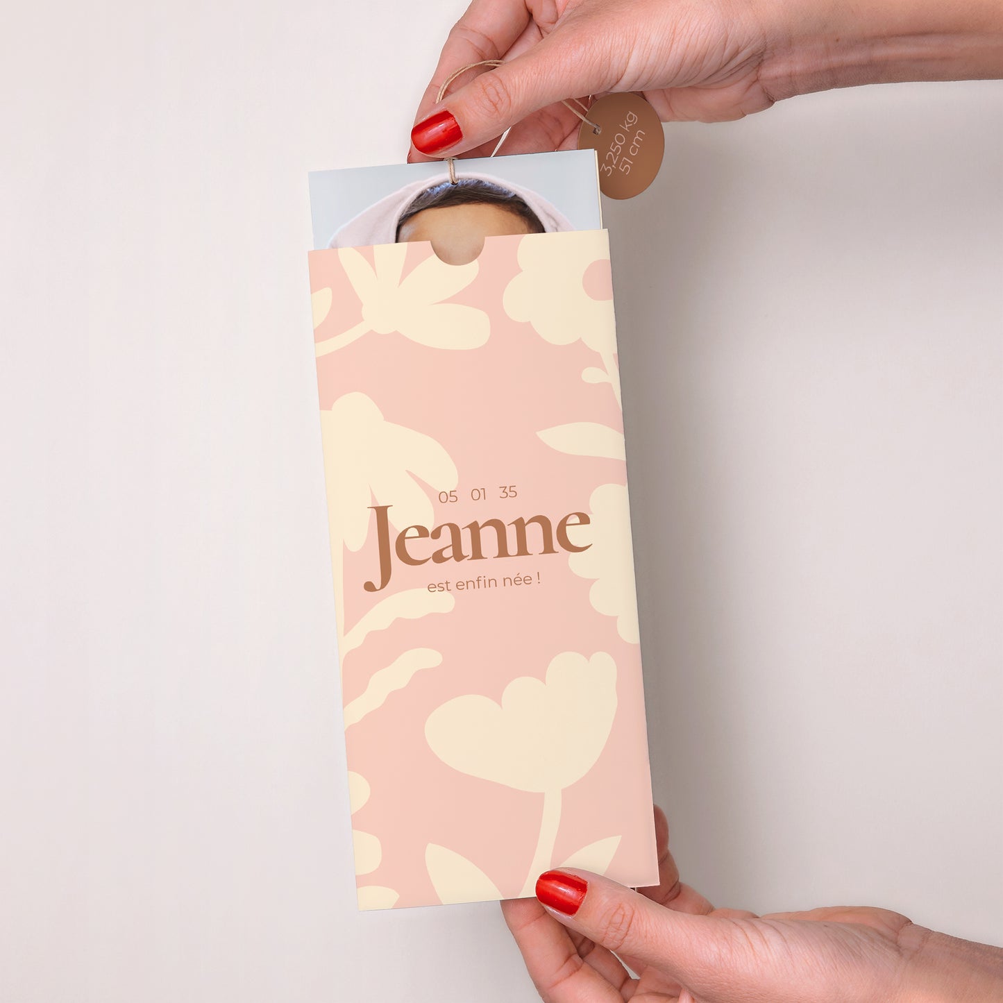 Faire-part Naissance Pochette portrait 2 cartes, étiquette Baby flower photo N° 2