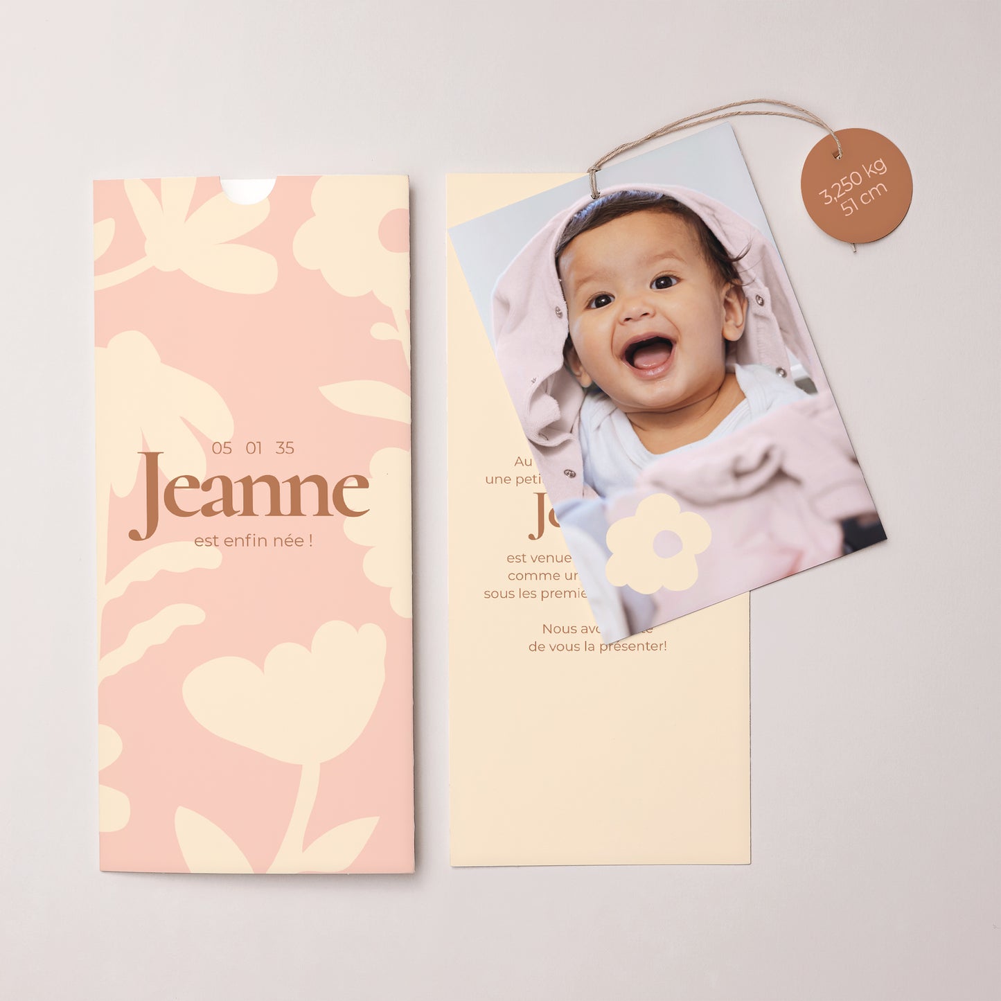 Faire-part Naissance Pochette portrait 2 cartes, étiquette Baby flower photo N° 3
