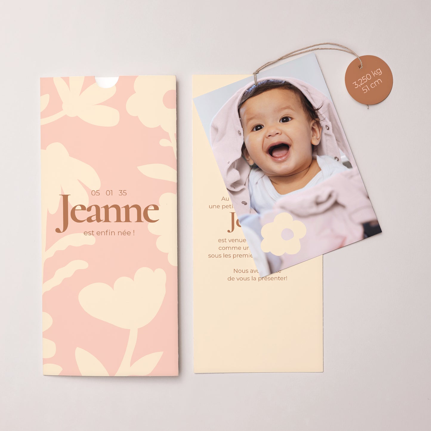Faire-part Naissance Pochette portrait 2 cartes, étiquette Baby flower photo N° 3