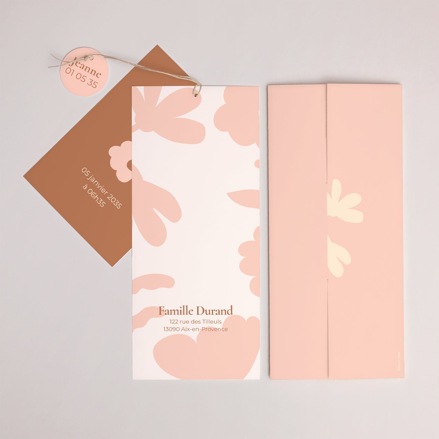 Faire-part Naissance Pochette portrait 2 cartes, étiquette Baby flower photo N° 4