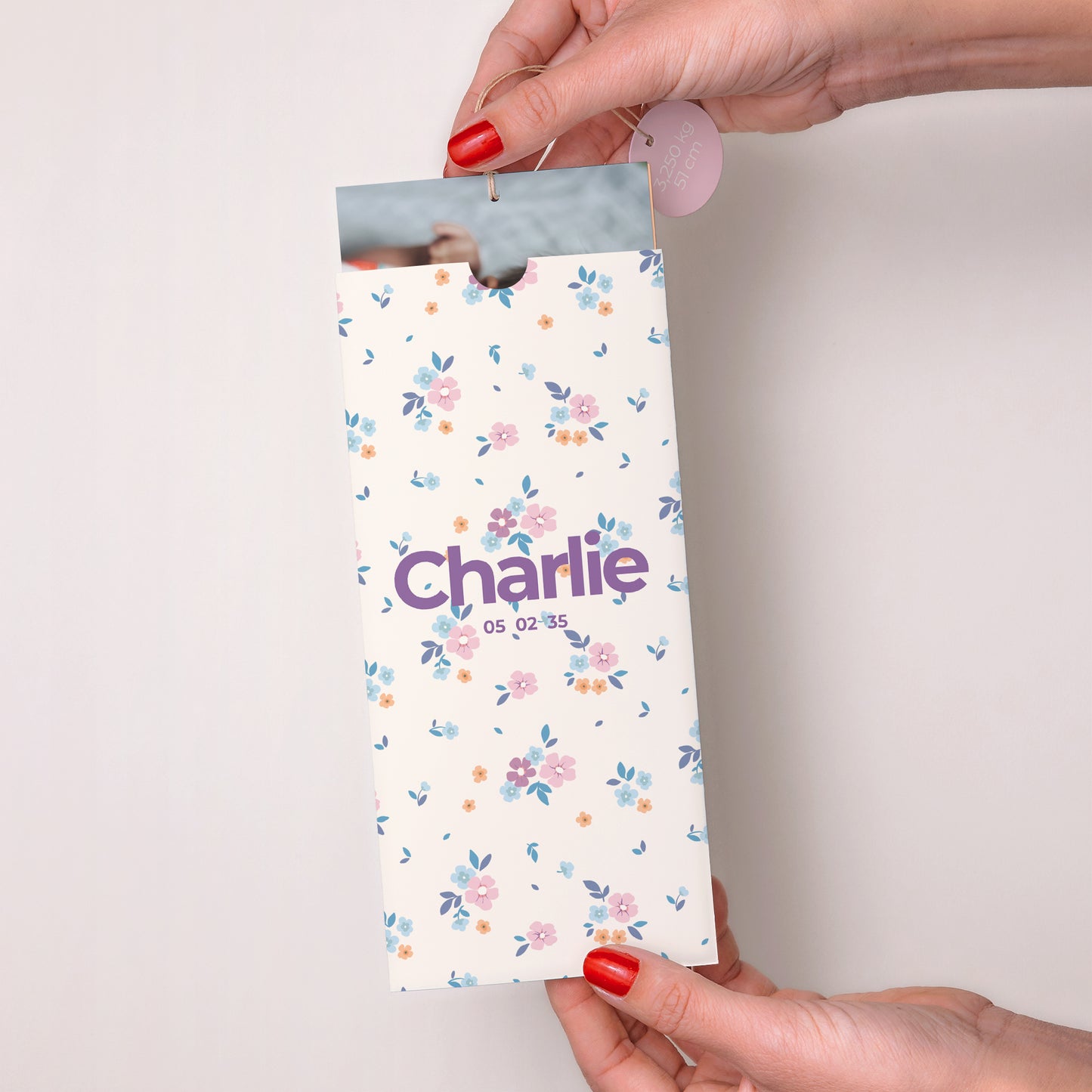 Faire-part Naissance Pochette portrait 2 cartes, étiquette Sweet flowers photo N° 2