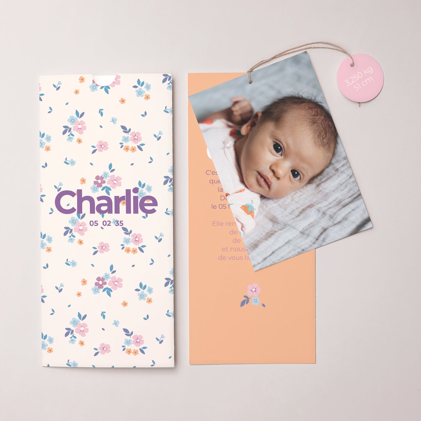 Faire-part Naissance Pochette portrait 2 cartes, étiquette Sweet flowers photo N° 3