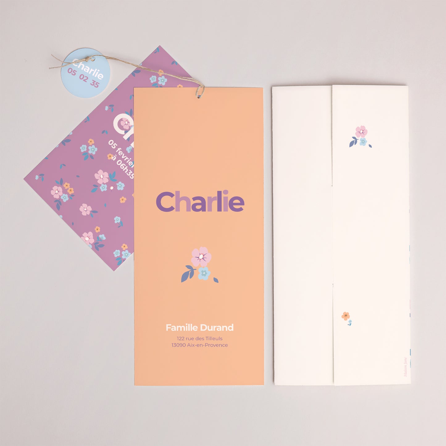 Faire-part Naissance Pochette portrait 2 cartes, étiquette Sweet flowers photo N° 4