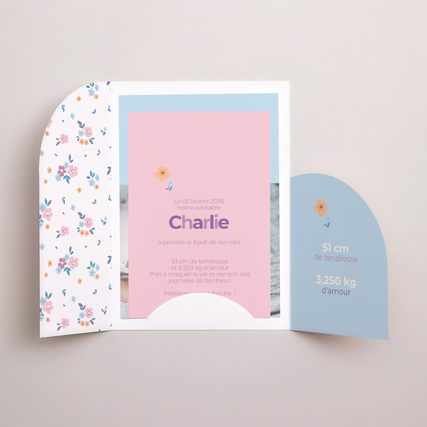 Faire-part Naissance Pochette 2 cartes Sweet flowers photo N° 3