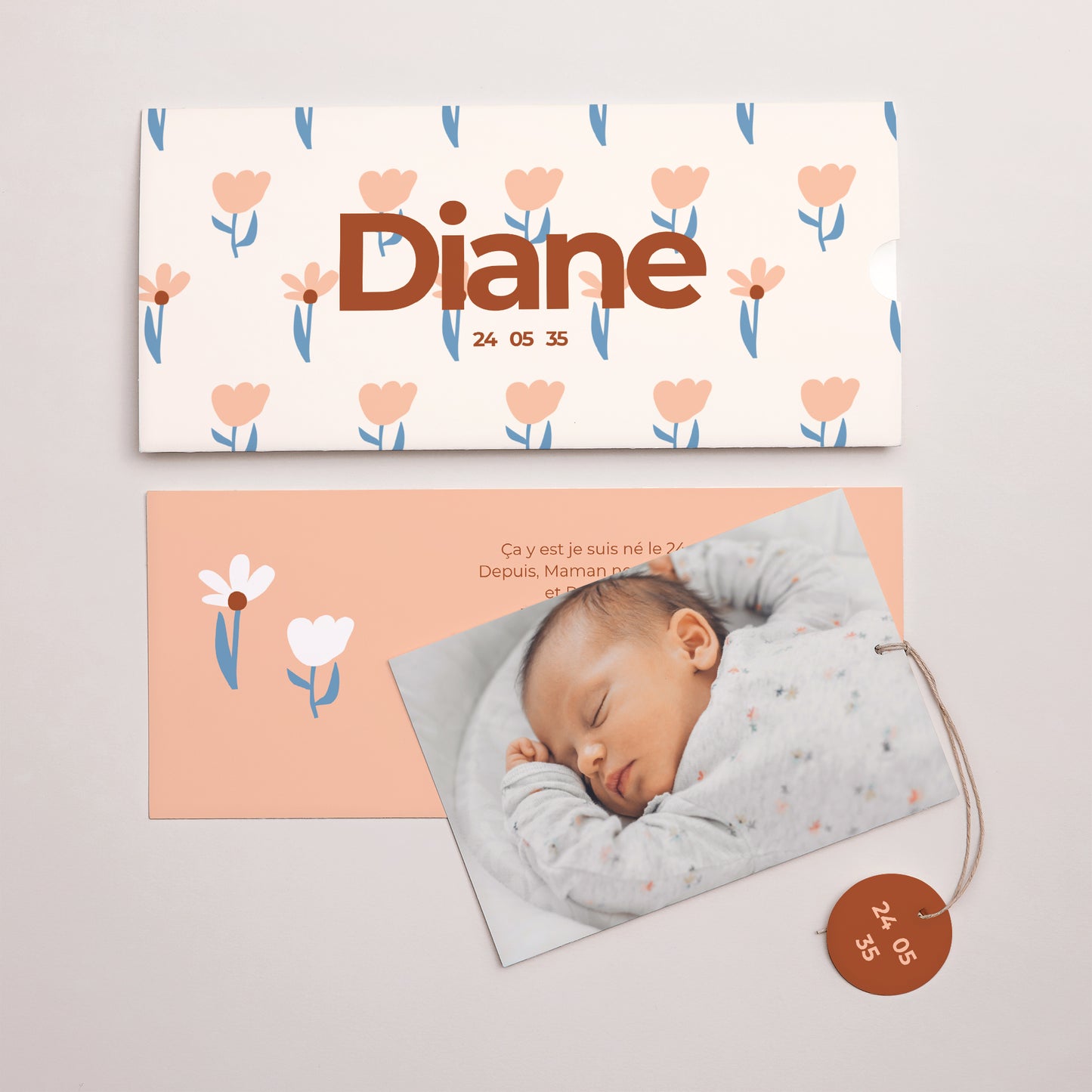 Faire-part Naissance Pochette 2 cartes, étiquette Nos fleurs photo N° 3