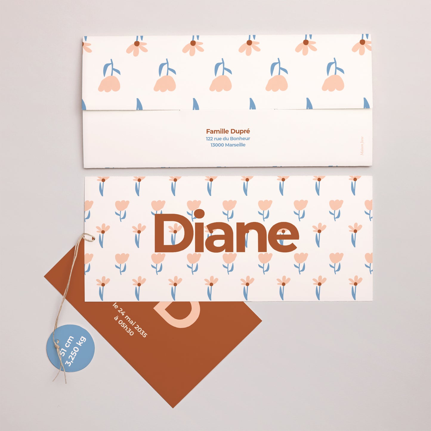 Faire-part Naissance Pochette 2 cartes, étiquette Nos fleurs photo N° 4
