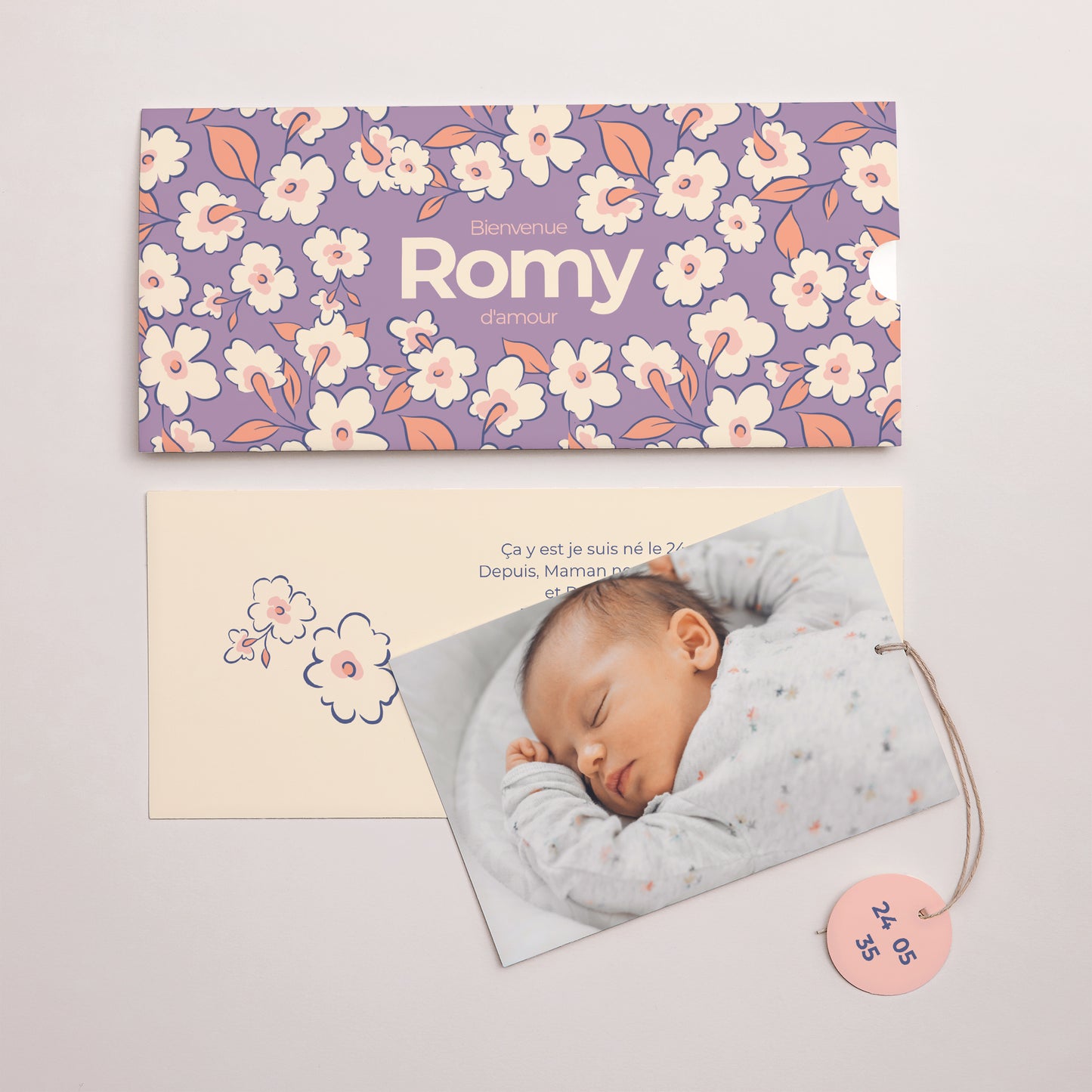 Faire-part Naissance Pochette 2 cartes, étiquette Flowery photo N° 3