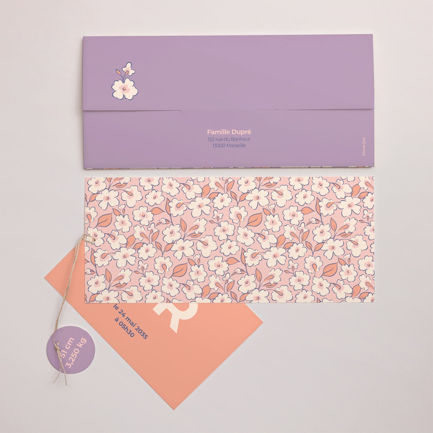 Faire-part Naissance Pochette 2 cartes, étiquette Flowery photo N° 4