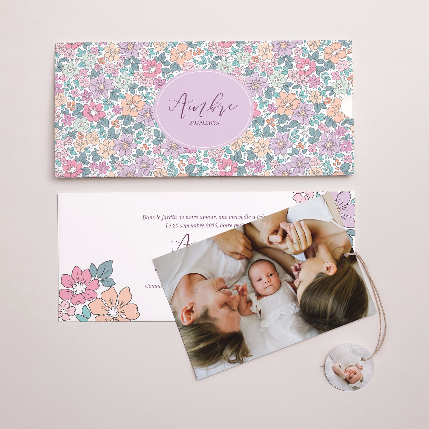 Faire-part Naissance Pochette 2 cartes, étiquette Fleur de Coton photo N° 3