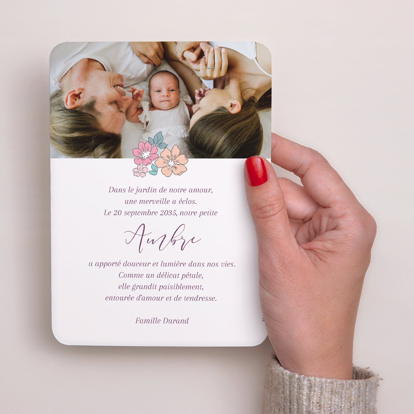 Faire-part Naissance Portrait, bords arrondis Fleur de Coton photo N° 3