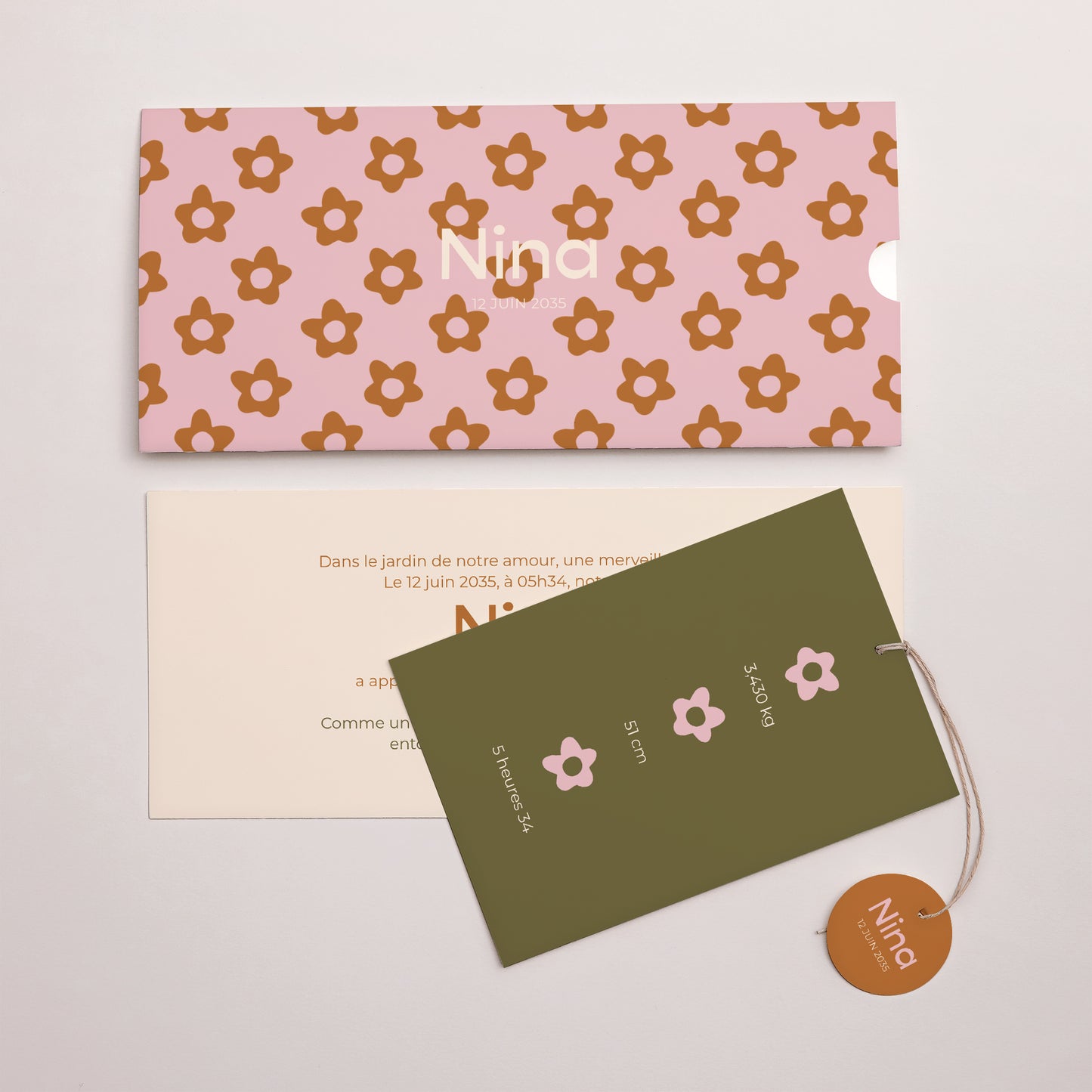 Faire-part Naissance Pochette 2 cartes, étiquette Brins de fleurs photo N° 3