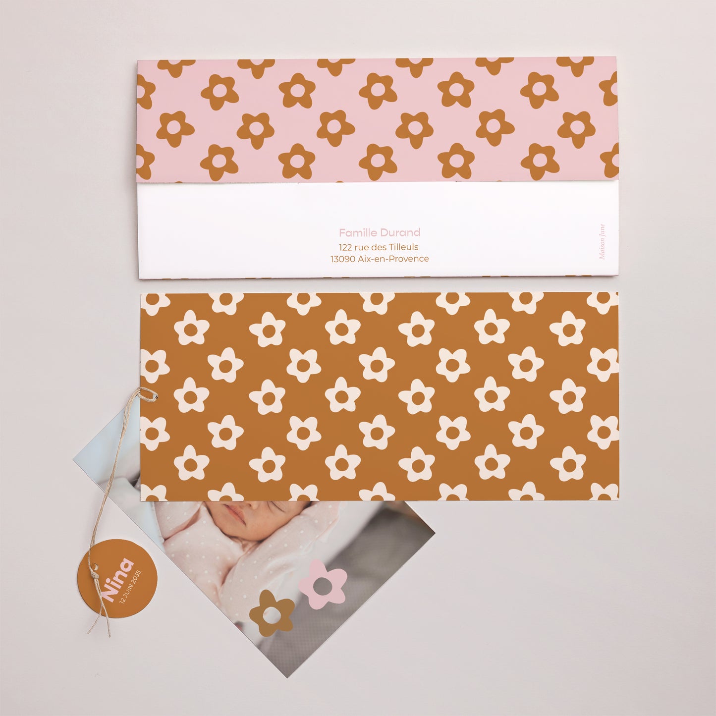 Faire-part Naissance Pochette 2 cartes, étiquette Brins de fleurs photo N° 4