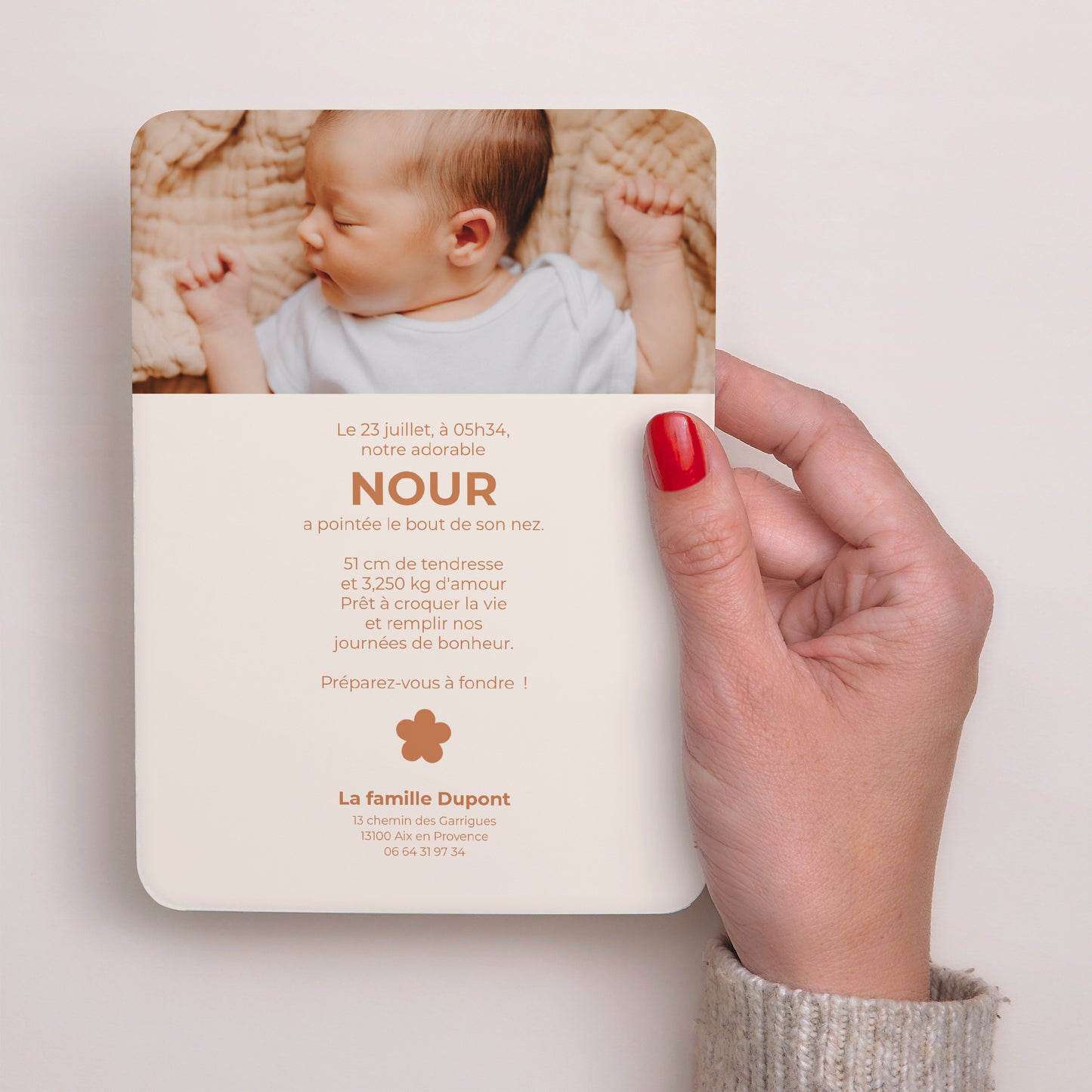 Faire-part Naissance Portrait, bords arrondis Chocolate flower photo N° 3