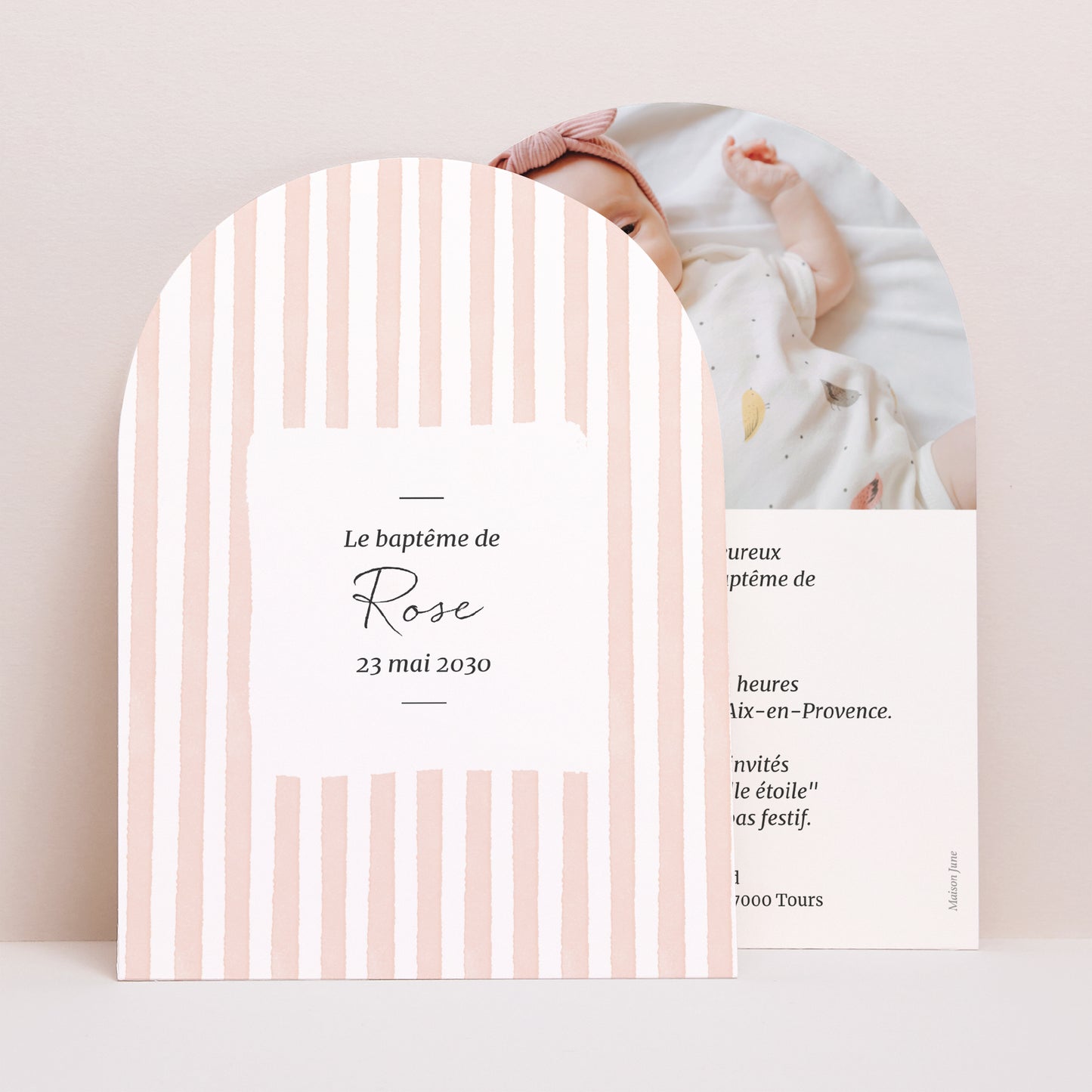Faire-part Baptême Petite arche Rayures roses claires II photo N° 1
