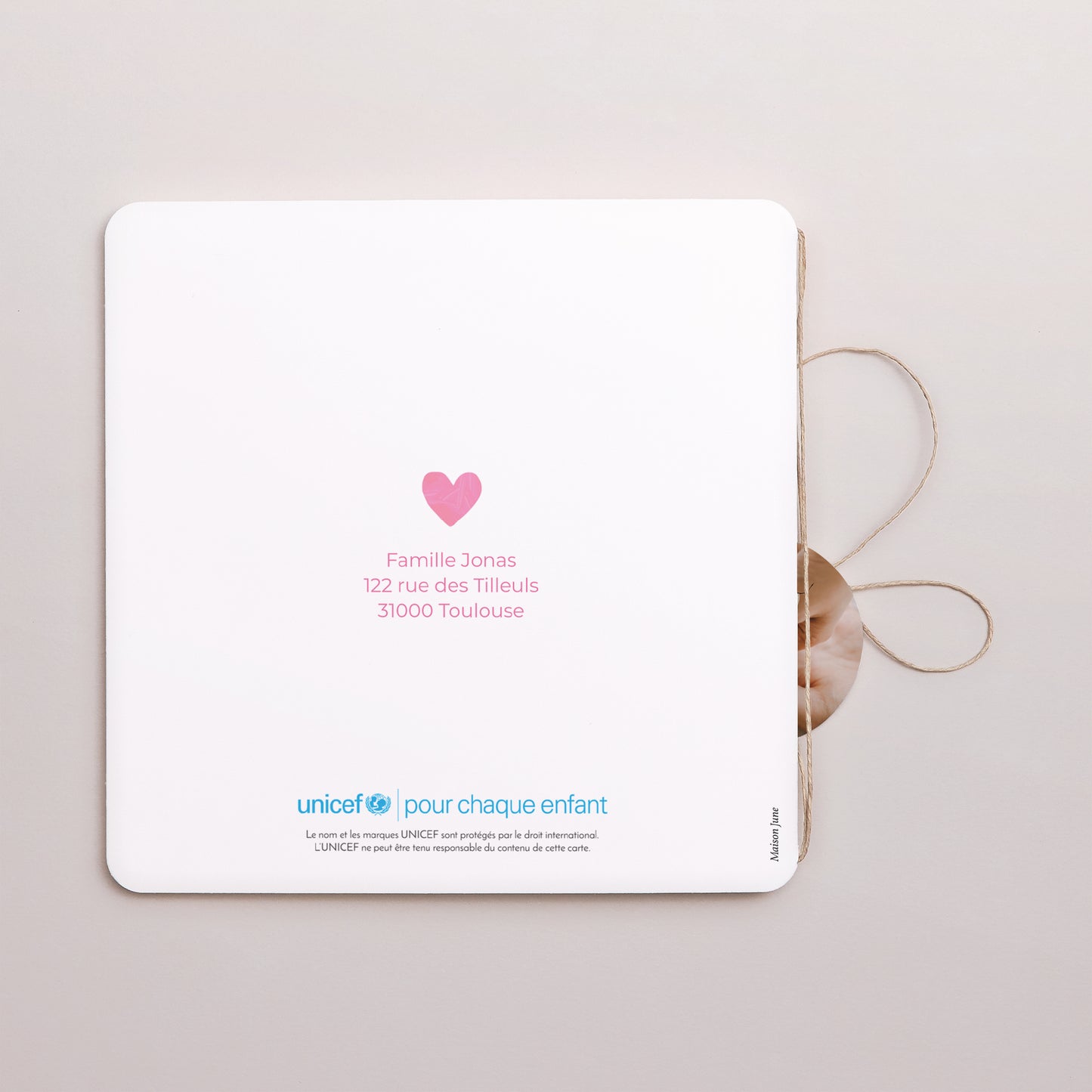 Faire-part Naissance Carré double volet, coins arrondis, étiquette ronde Petit Cœur d’Amour photo N° 3