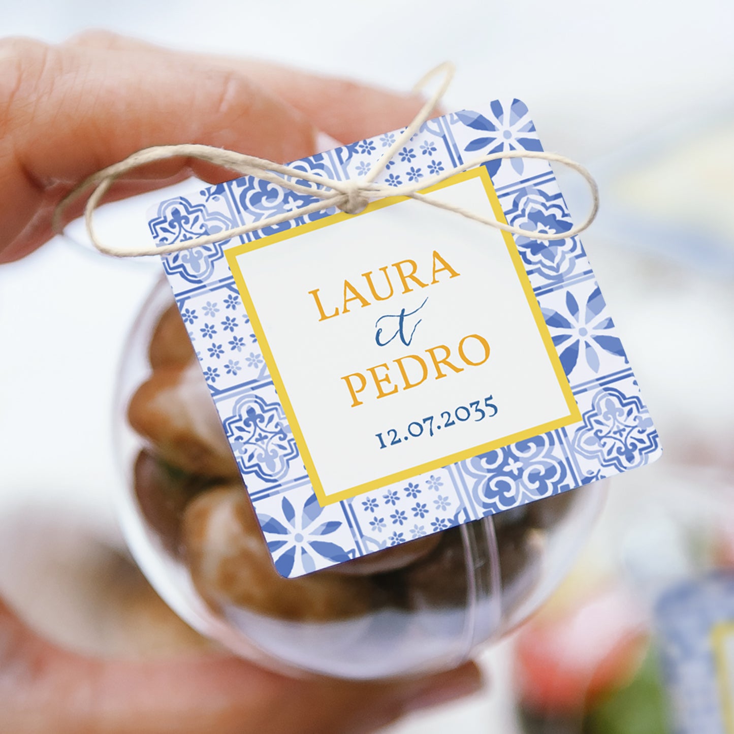 Boîte à dragées Mariage boule avec étiquette carrée Azulejo d’amour photo N° 1