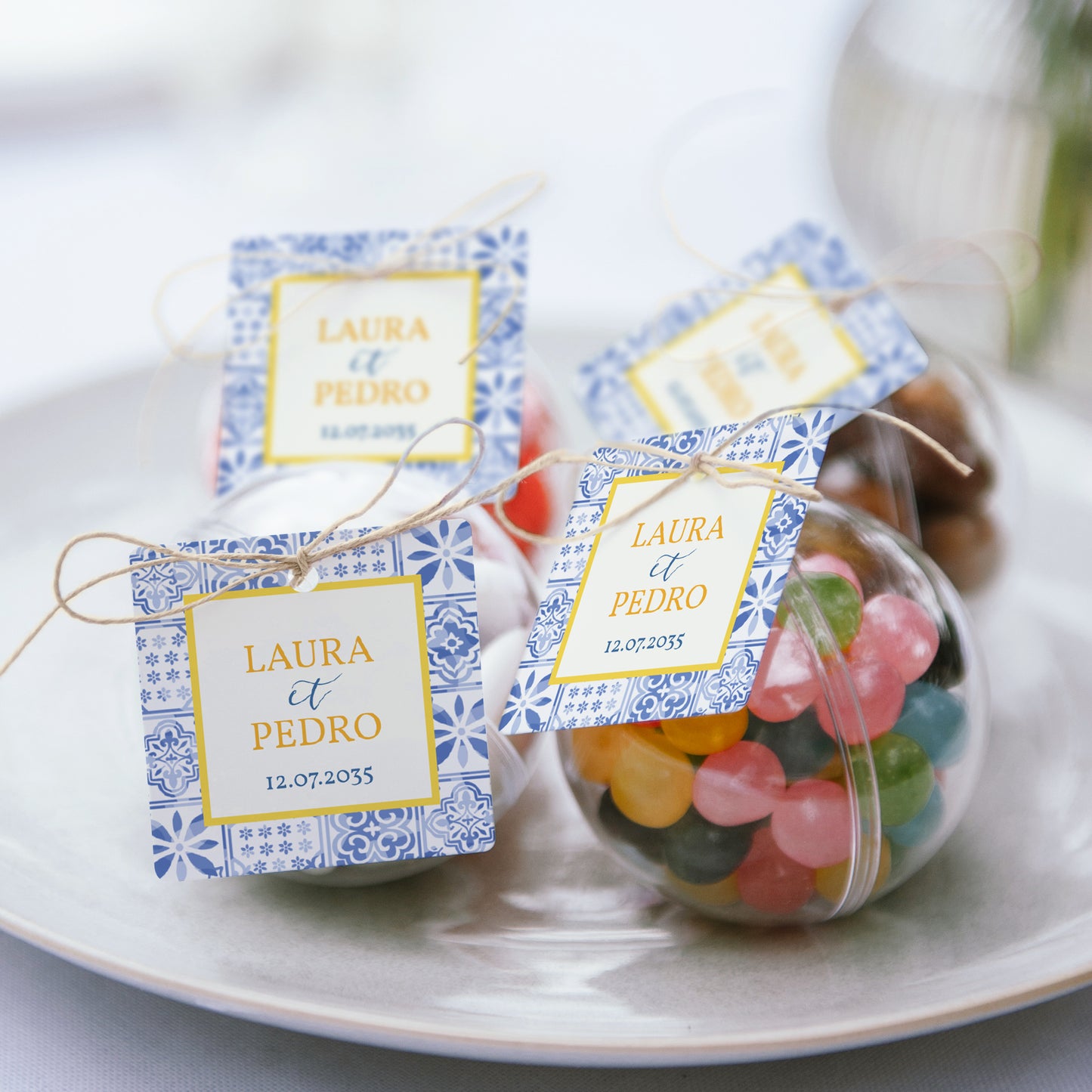 Boîte à dragées Mariage boule avec étiquette carrée Azulejo d’amour photo N° 2
