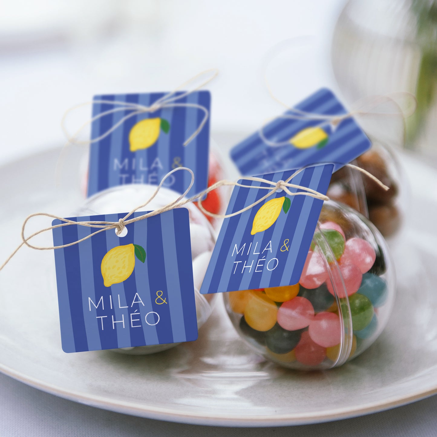 Boîte à dragées Mariage boule avec étiquette carrée Un air de Méditerranée photo N° 2