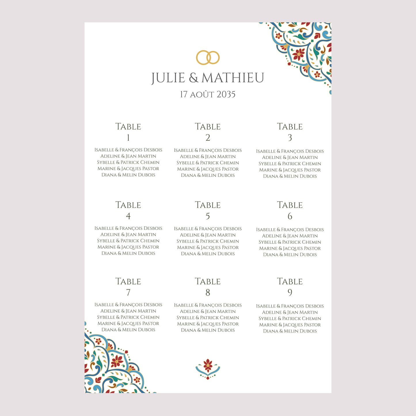 Plan de table Mariage Portrait 60 x 90 cm Amour d’Orient photo N° 2