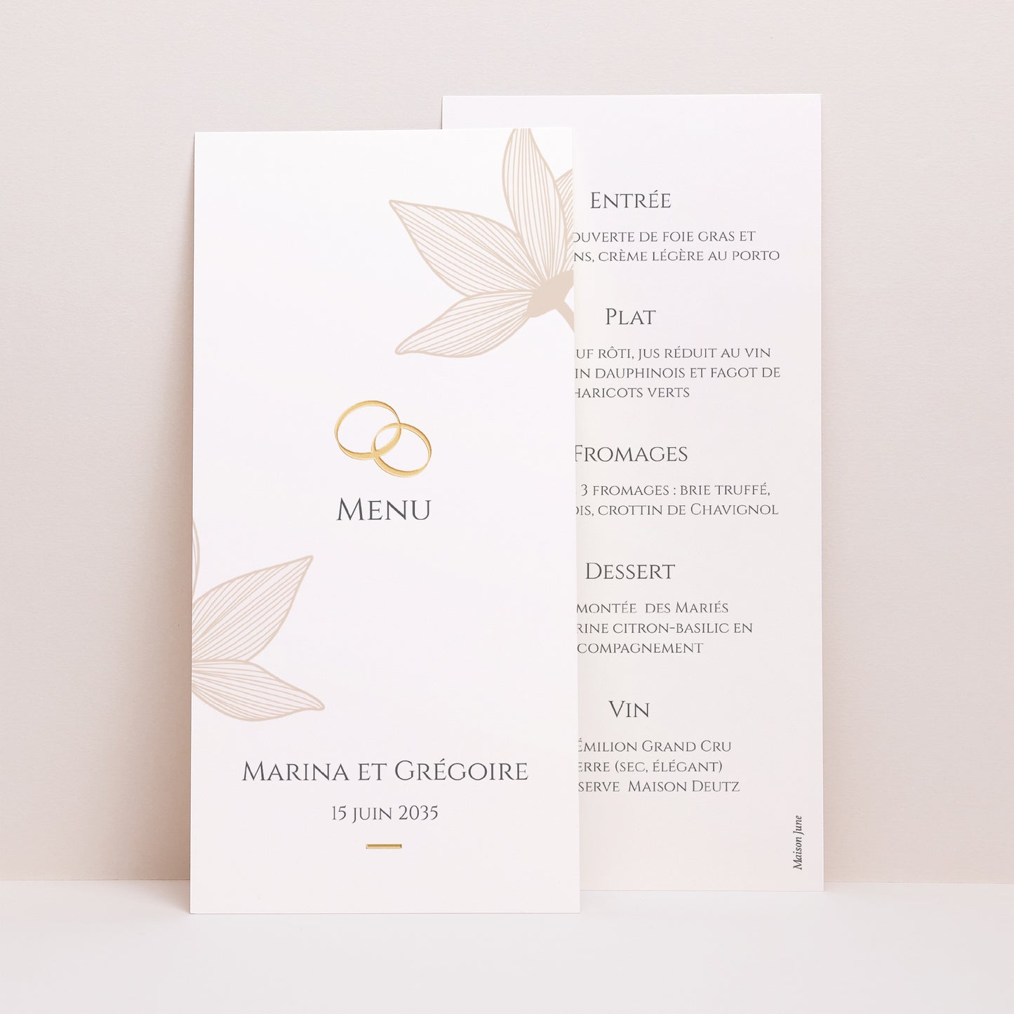 Menu Mariage Panoramique portrait Fleurs d'Élégance Doré photo N° 1