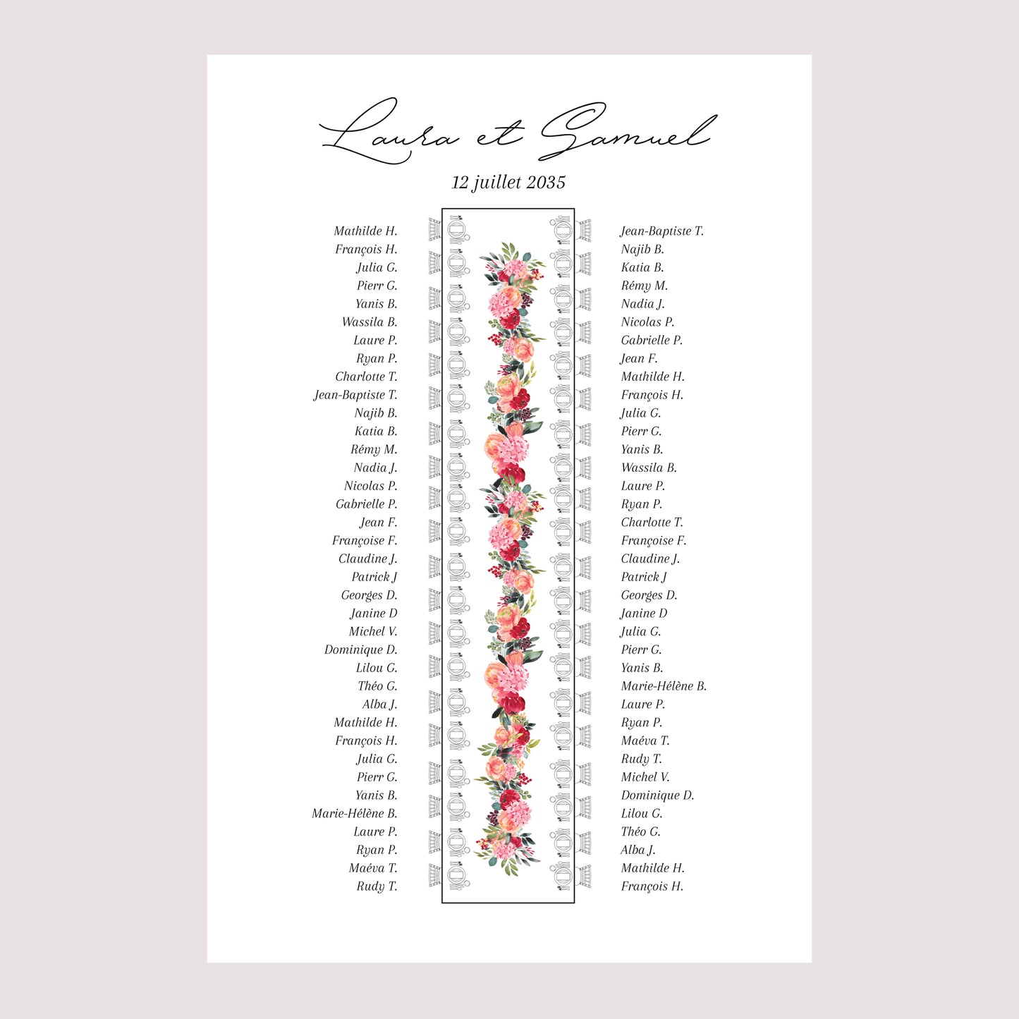 Plan de table Mariage Portrait 60 x 90 cm La table fleurie des mariés photo N° 2