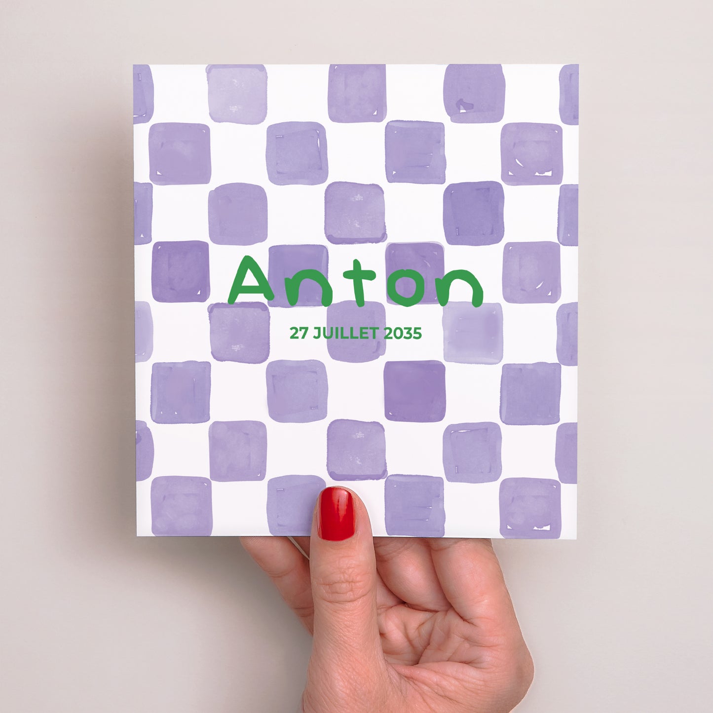 Faire-part Naissance Carré Purple checkerboard photo N° 2
