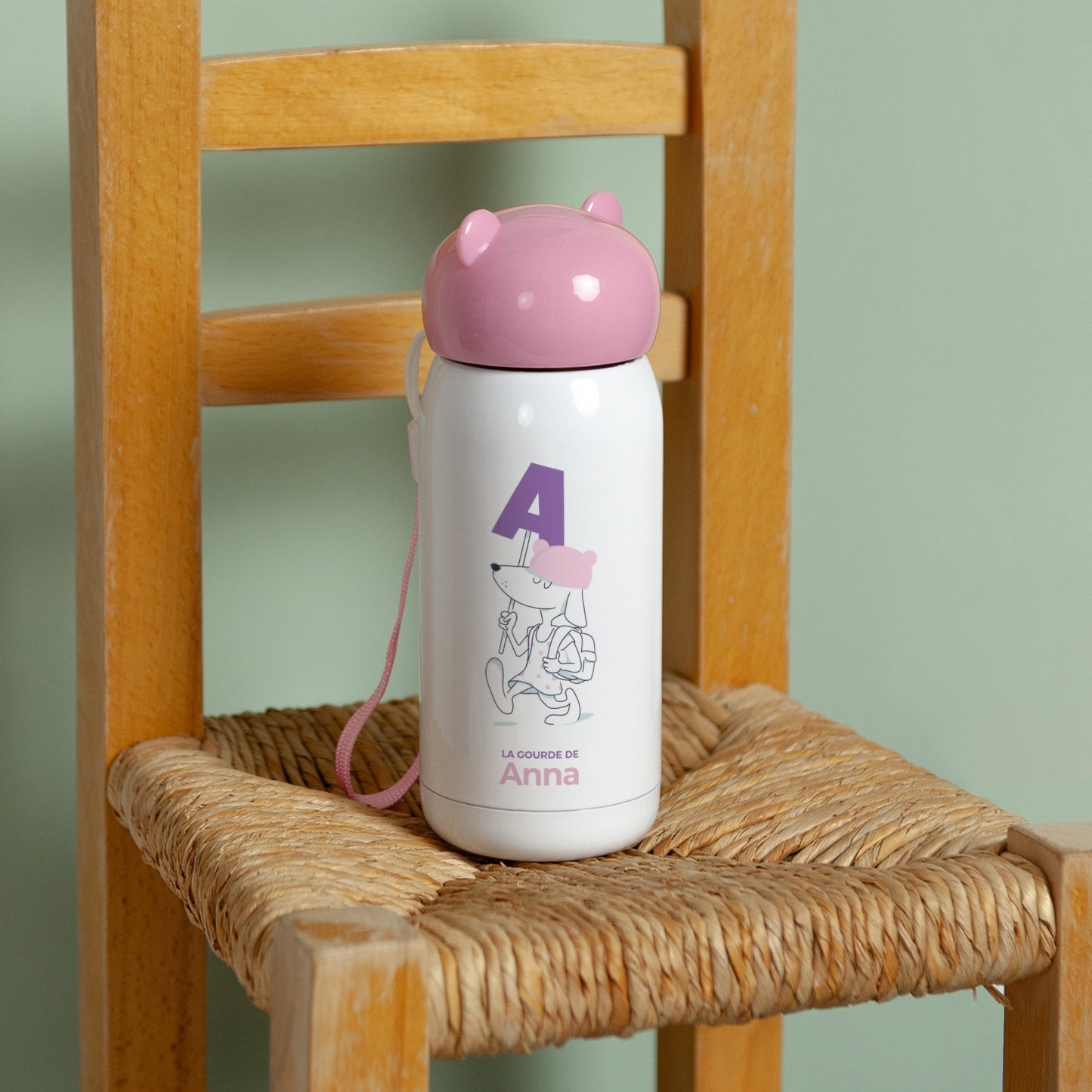 Gourde enfant Rose, 32 cl Des chiens et des lettres violettes photo N° 3