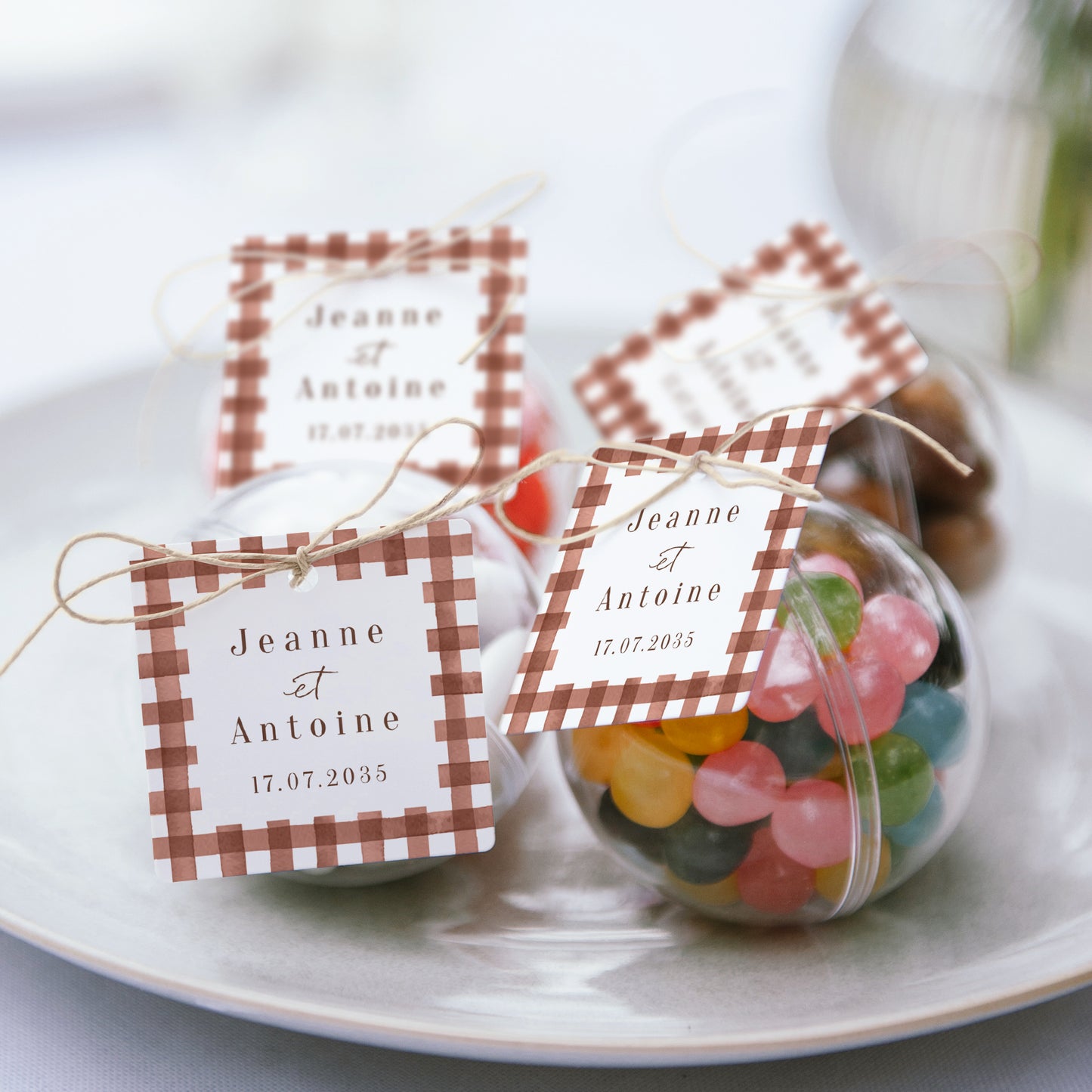 Boîte à dragées Mariage boule avec étiquette carrée Amour Bucolique photo N° 2