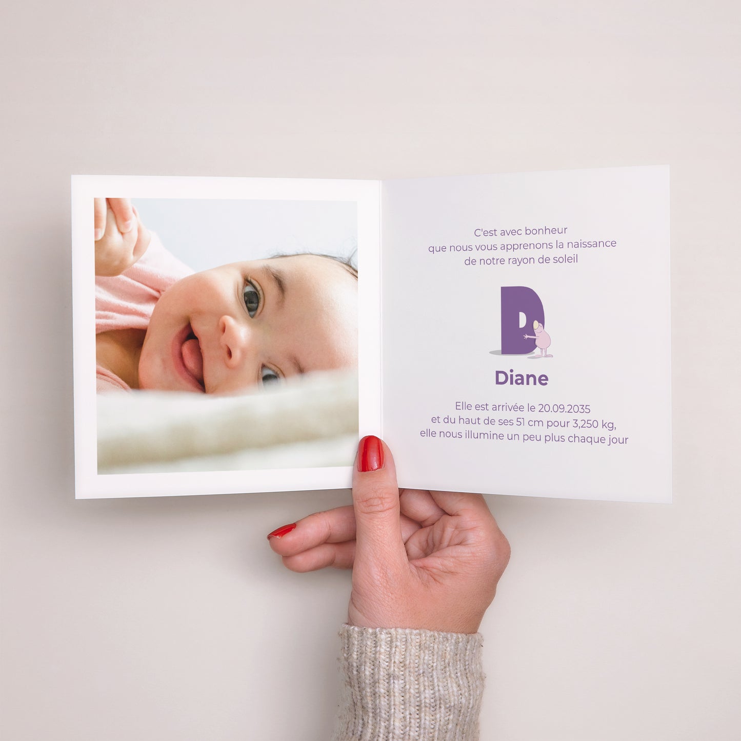 Faire-part Naissance Carré double volet Mon initial d'amour rose II photo N° 2