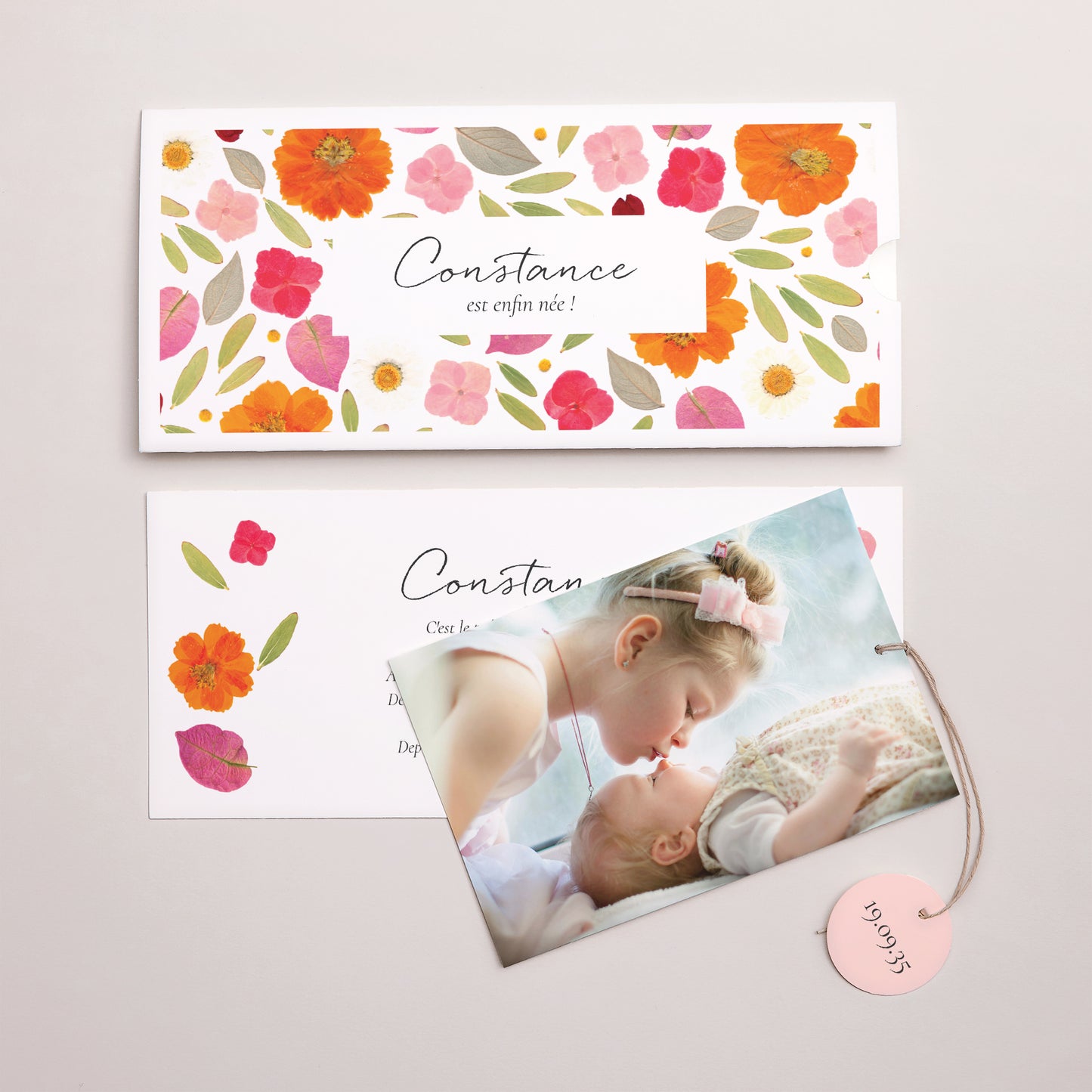 Faire-part Naissance Pochette 2 cartes, étiquette Pétales de Tendresse photo N° 3