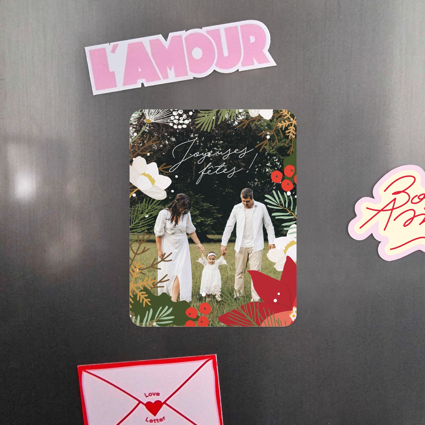 Carte de voeux Fin d'année Lot de 8, magnétique, rectangle coins arrondis Herbier de Noël photo N° 4