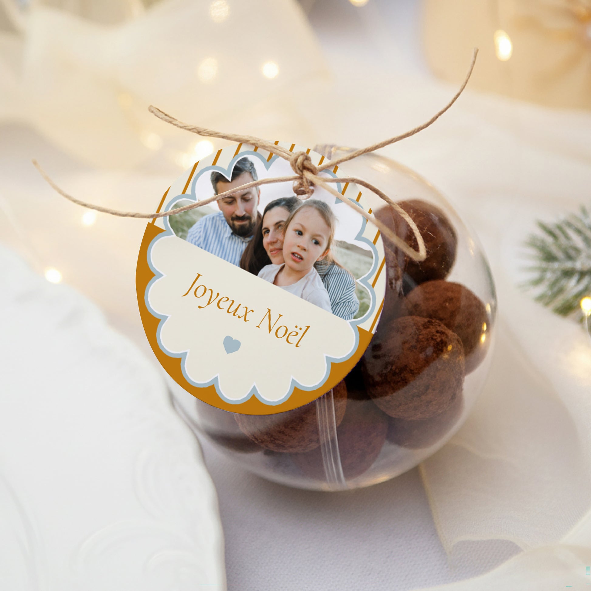 Boîte à dragées Fin d'année boule avec étiquette ronde Bleu ambre photo N° 1