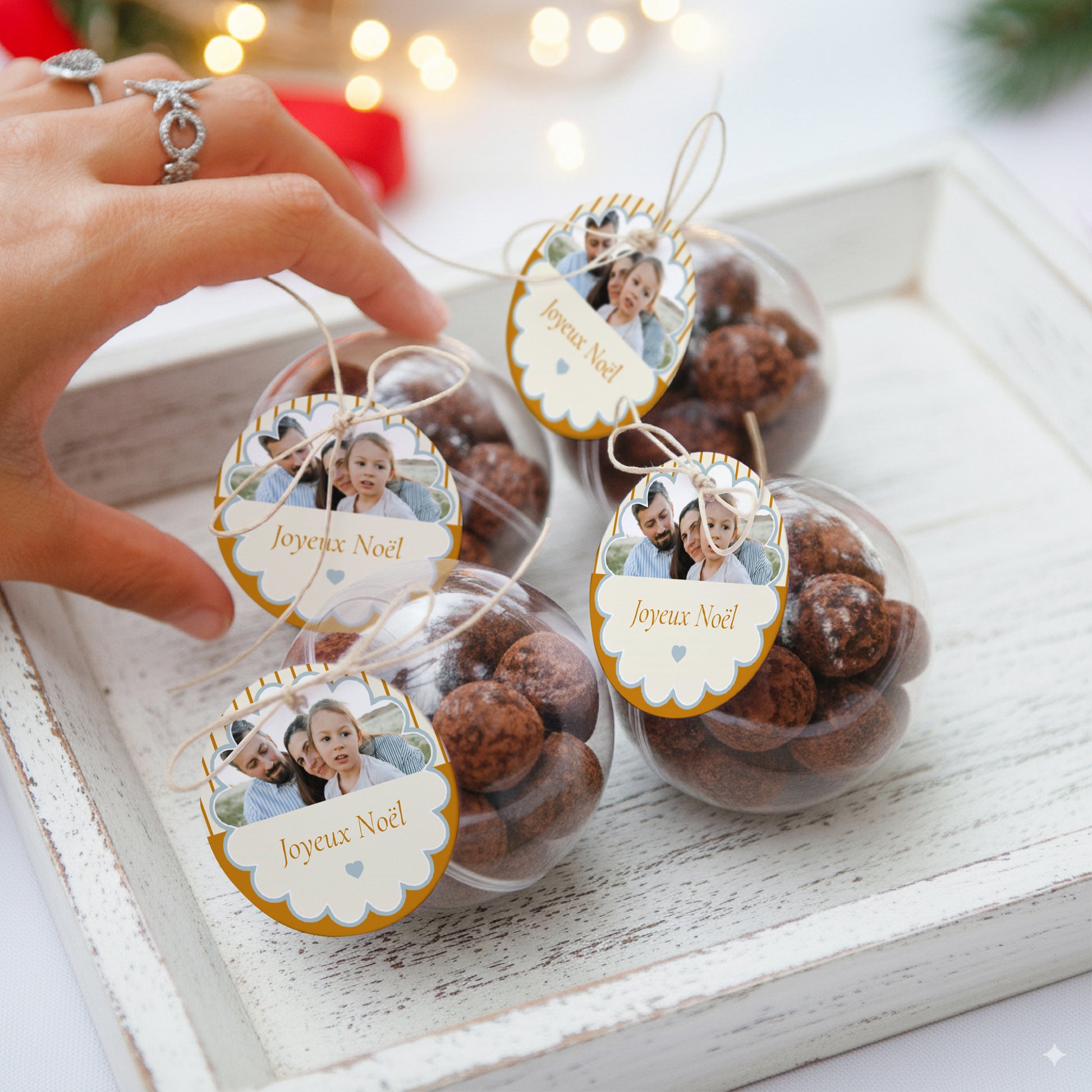 Boîte à dragées Fin d'année boule avec étiquette ronde Bleu ambre photo N° 2