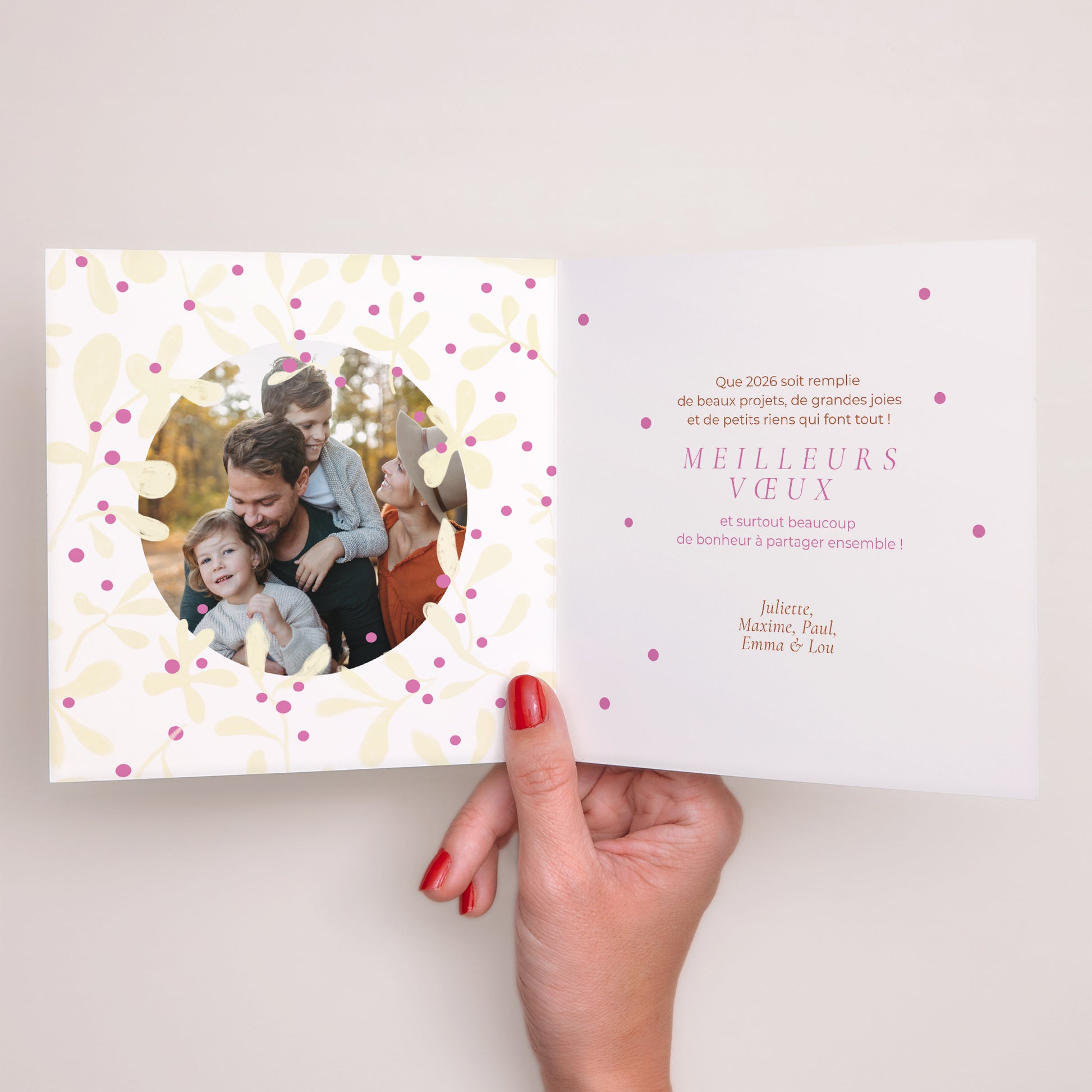Carte de voeux Fin d'année Carré double volet Houx fuchsia photo N° 2