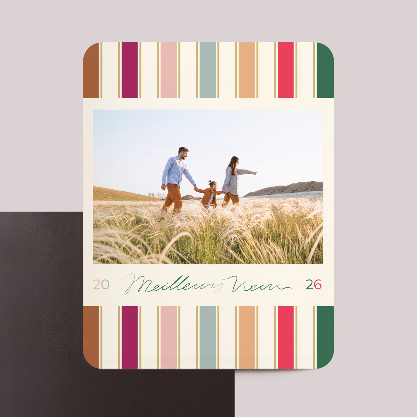 Carte de voeux Fin d'année Lot de 8, magnétique, rectangle coins arrondis Rubans de Noël photo N° 1