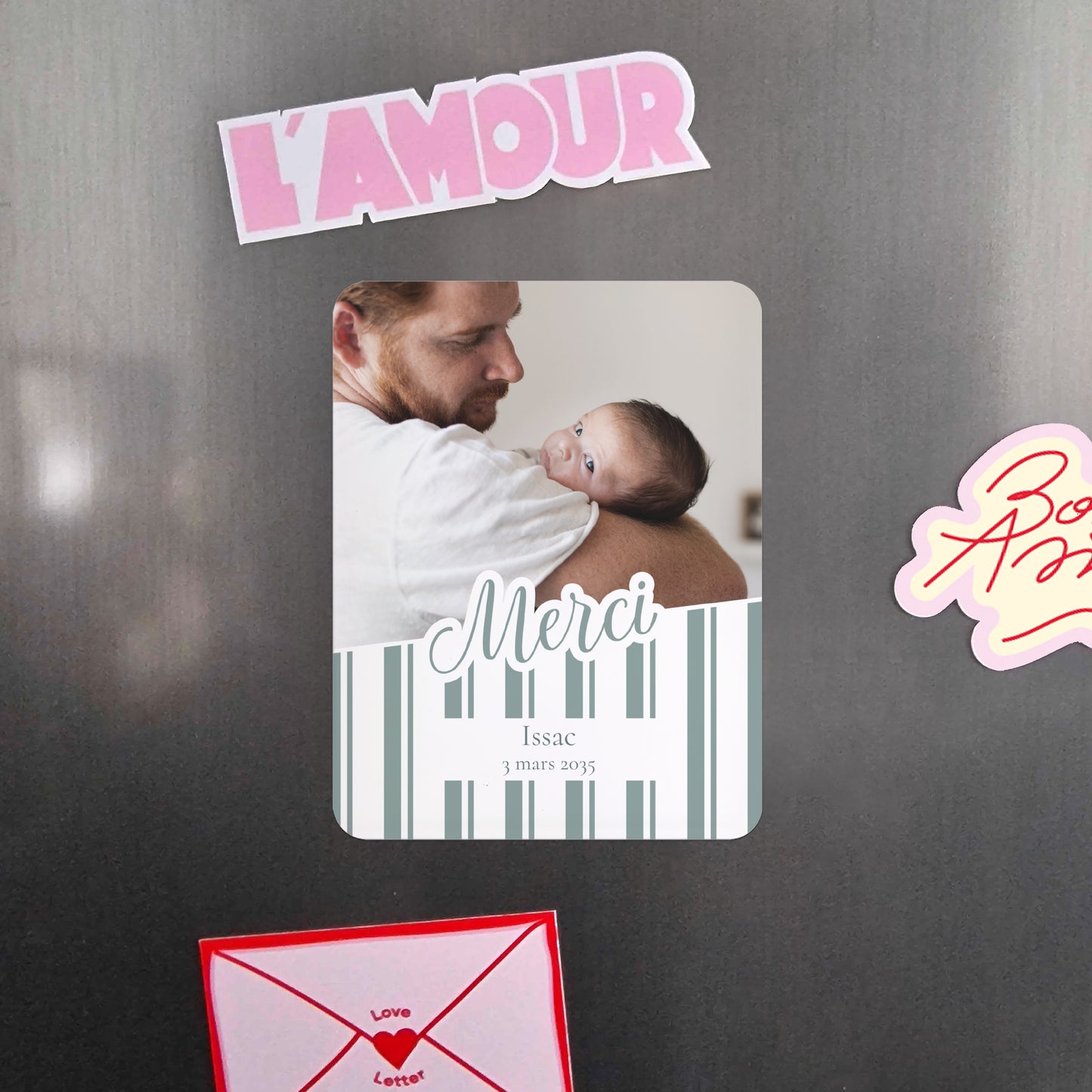 Remerciements Naissance Lot de 8, magnétique, rectangle coins arrondis Notre bébé d'amour - Rayures photo N° 4