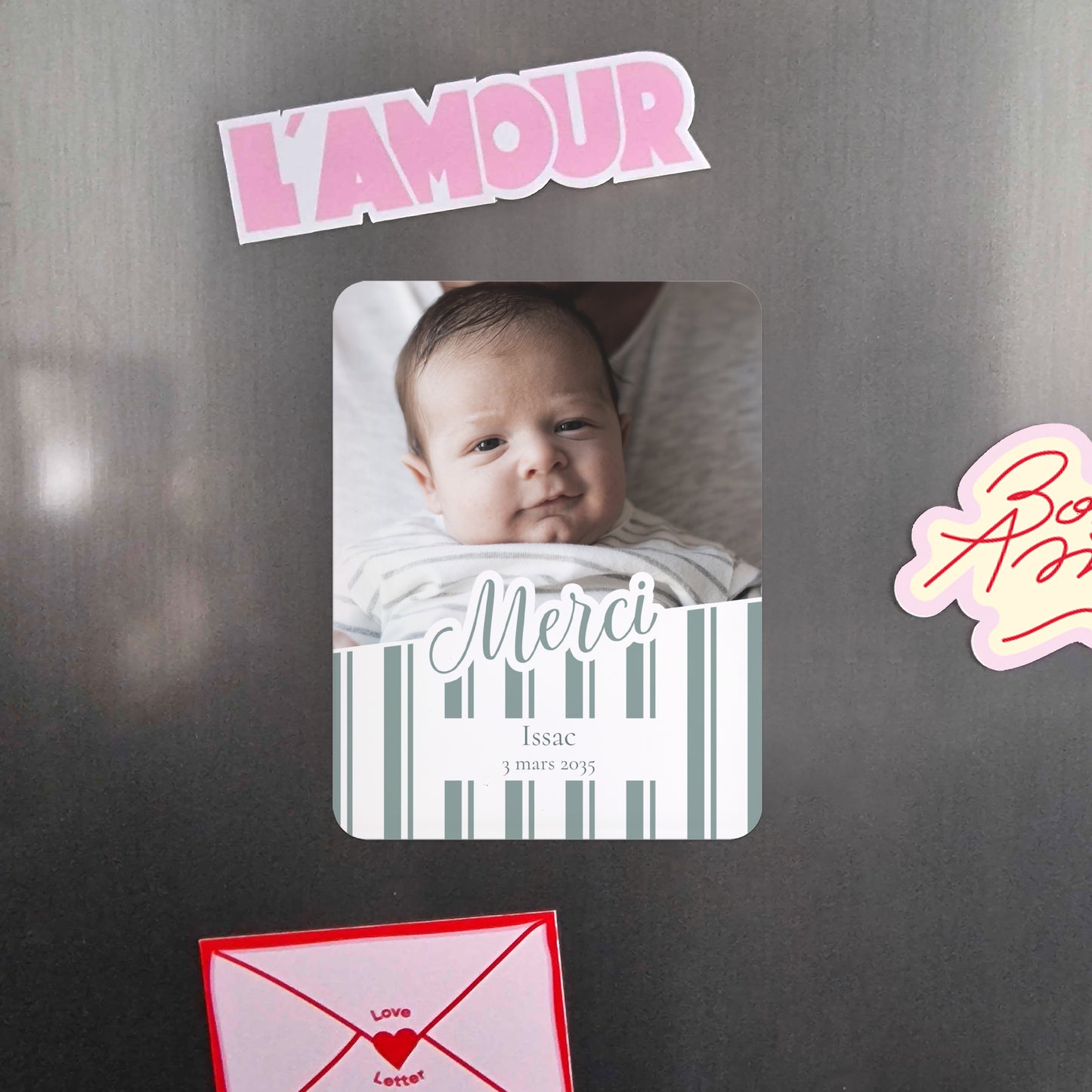 Remerciements Naissance Lot de 8, magnétique, rectangle coins arrondis Notre bébé d'amour - Rayures photo N° 4