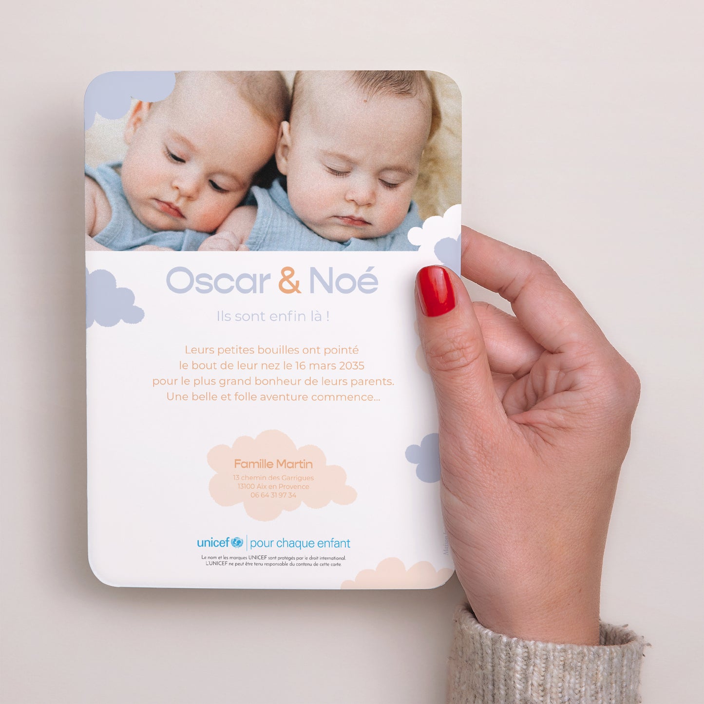 Faire-part Naissance Portrait, bords arrondis Double livraison d'amour photo N° 3