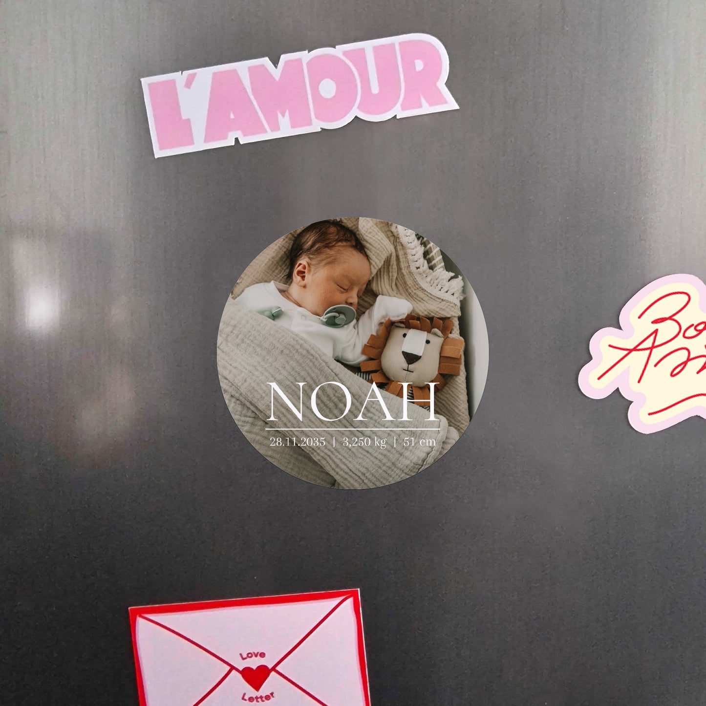 Faire-part Naissance Lot de 8, magnétique, rond, Ø 10cm Souvenirs de douceur photo N° 4