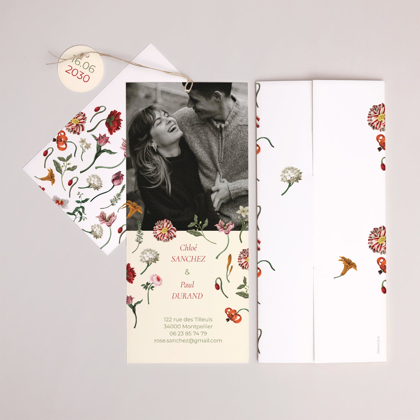 Faire-part Mariage Pochette portrait 2 cartes, étiquette Botanic Romance photo N° 4